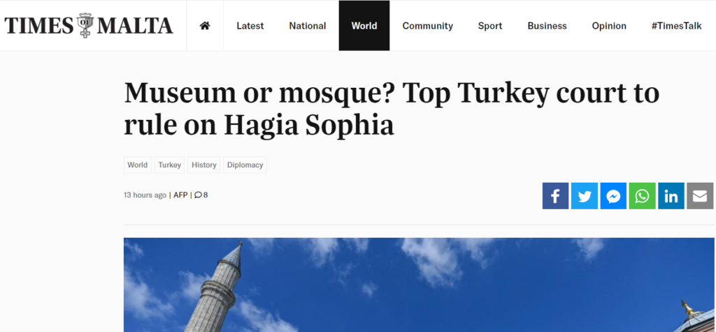 Aya Sofya tartışması Malta basınının gündeminde